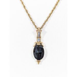 Vintage 1928 Black Faceted Cabochon Baguette Pendant Necklace Gold Tone Deco 18"